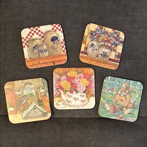 Set of 5 Decorative Coasters with Floral and Country Designs